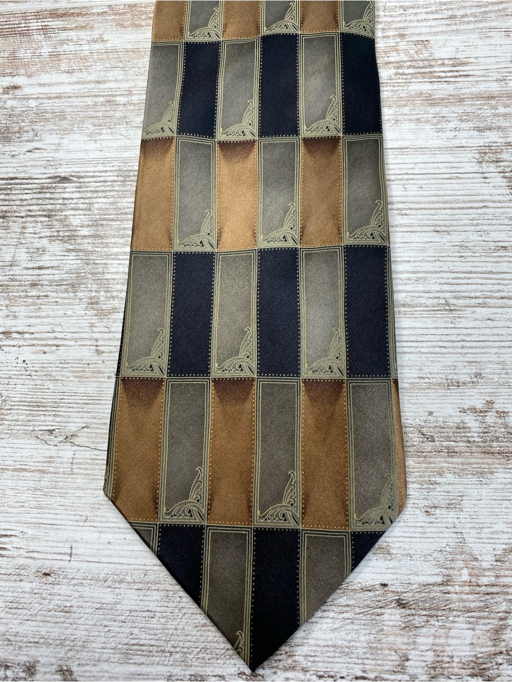 Croft & Barrow Silk Necktie Brown Black Geometric Square Pattern Wide Tie 59x4